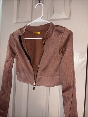 Daisy Cropped Ribbed Zip Jacket - Brown